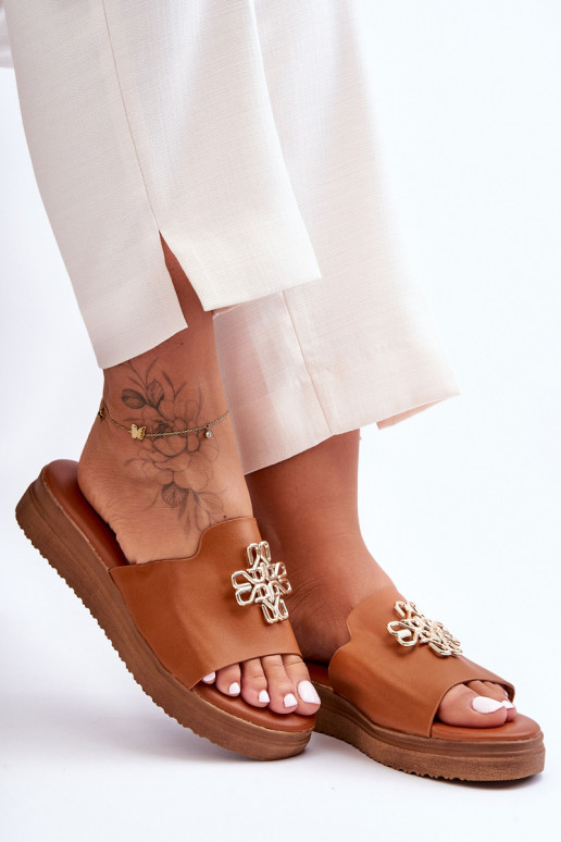 Leer Dames Slippers met platform met decoratie bruine kleur Azera