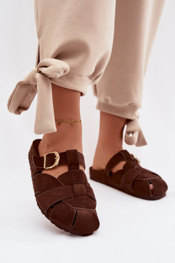 Pantoufles pour femmes Mule avec des bandes I Złotą avec boucles CzekoladoÀe Ganelle
