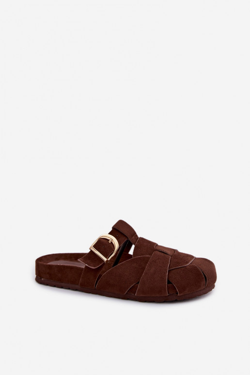 Pantoufles pour femmes Mule avec des bandes I Złotą avec boucles CzekoladoÀe Ganelle