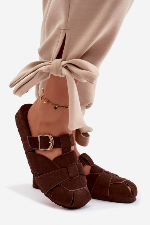 Damenhausschuhe Mule mit Streifen I Złotą mit Schnallen CzekoladoZue Ganelle