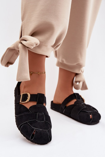 Damen Mules mit Riemchen und goldenen Schnallen in schwarzer Ganelle 2