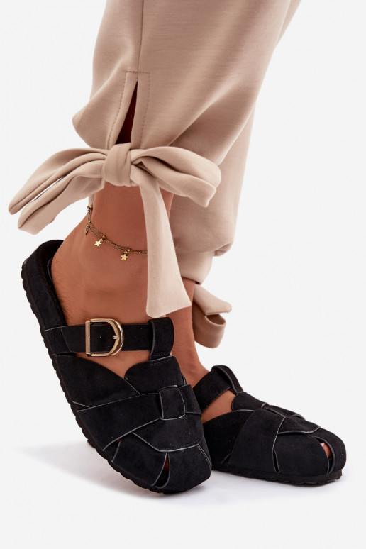 Pantoufles pour femmes Mule avec des bandes I Złotą avec boucles couleur noire Ganelle