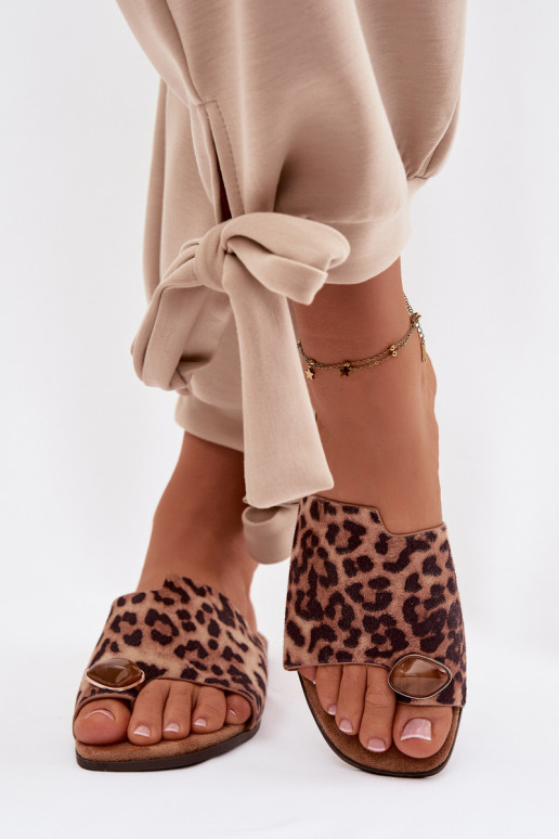 Slippers Dames plat Met sierlijk Detalem van eco-suèdeoIne met luipaardbontpatronen Selavine