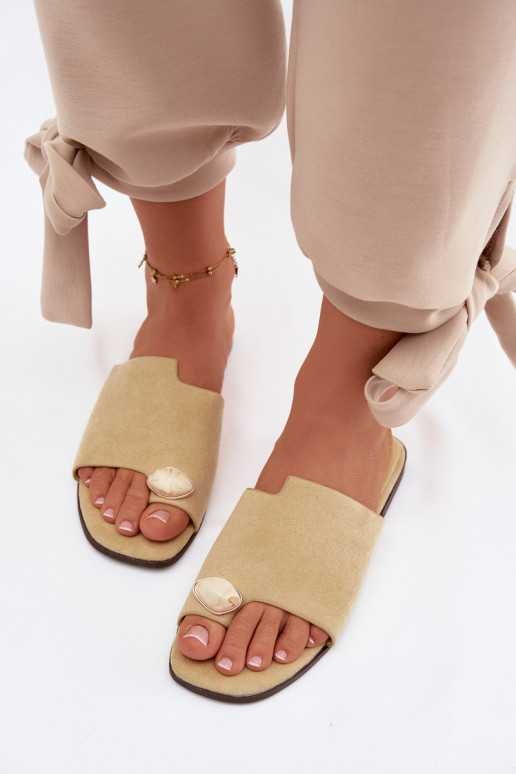 Hausschuhe FrauenZuohnung Mit Dekorationen Detalem aus Öko-INildlederoZue gelbe Farbe Selavine