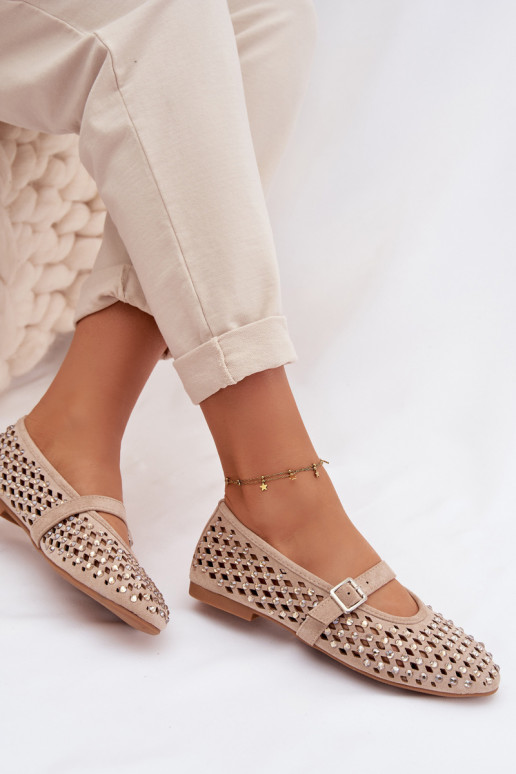 Ballerinas Feminin mit durchbrochenen Elementen mit blitzenden Augen I Streifenem Beige INilvessa