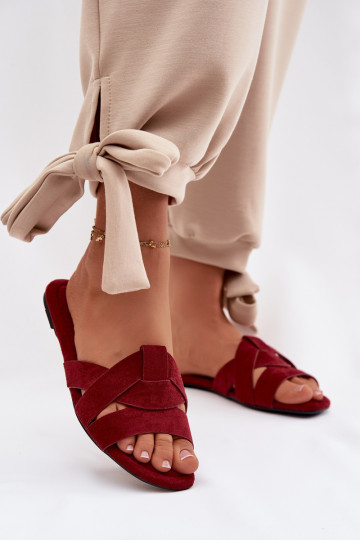 Vlakke dames slippers met bandjes in bordeaux kleur Pavelle