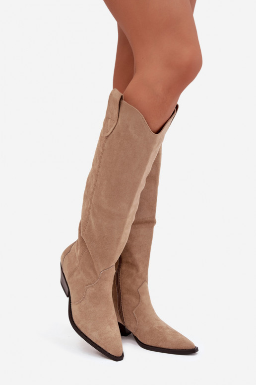 réchauffer bottes style coÀ-boy avec des talonsen daim écologiqueu beige Jovianne