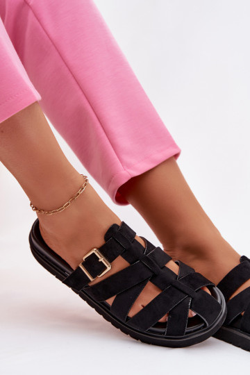 Dames slippers met bandjes en gouden gespen in zwart Roselisse 2