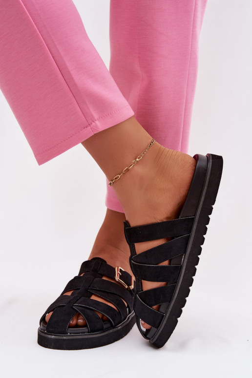 Dames slippers met bandjes en gouden gespen in zwart Roselisse