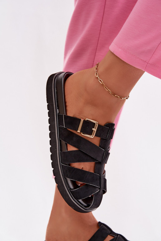 Damen Pantoletten mit Riemchen und goldenen Schnallen in Schwarz Roselisse