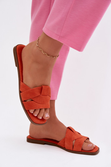 Chaussons à talons bas pour femmes avec lanières en suédine synthétique, couleur orange Florane