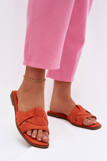 Chaussons à talons bas pour femmes avec lanières en suédine synthétique, couleur orange Florane 2