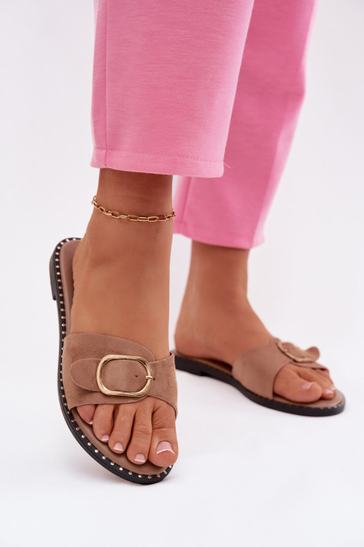 Chaussons avec talons larges et boucles dorées marron Selivelle