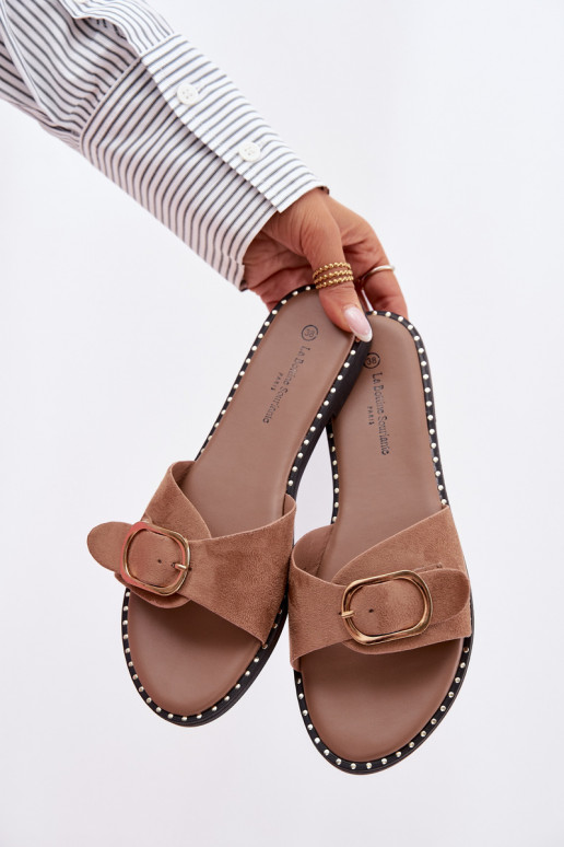 Chaussons avec talons larges et boucles dorées marron Selivelle