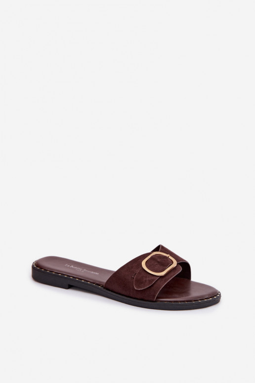 Damen Pantoletten mit breiten Absätzen und goldenen Schnallen in Schokoladenfarbe Selivelle