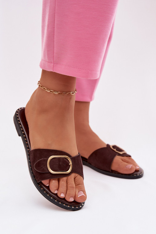 Dames slippers met brede hakken en gouden gespen in chocoladebruin Selivelle