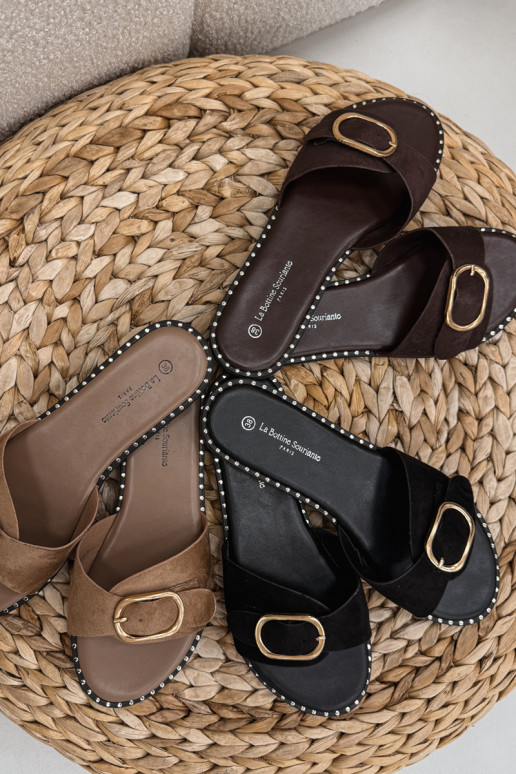 Chaussons avec talons larges et boucles dorées chocolat Selivelle