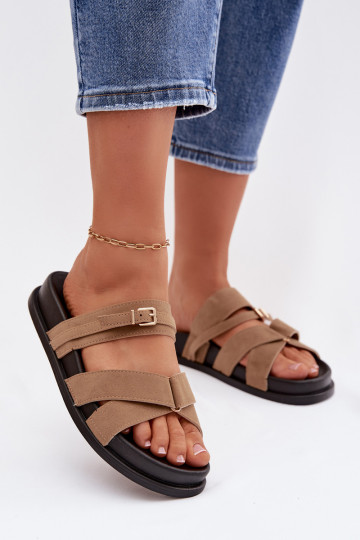 Dames slippers met gouden banden en gespen in zandkleur Selorina 2