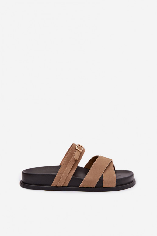 Damenhausschuhe mit Streifen I Złotą mit Schnallen Beige Selorina