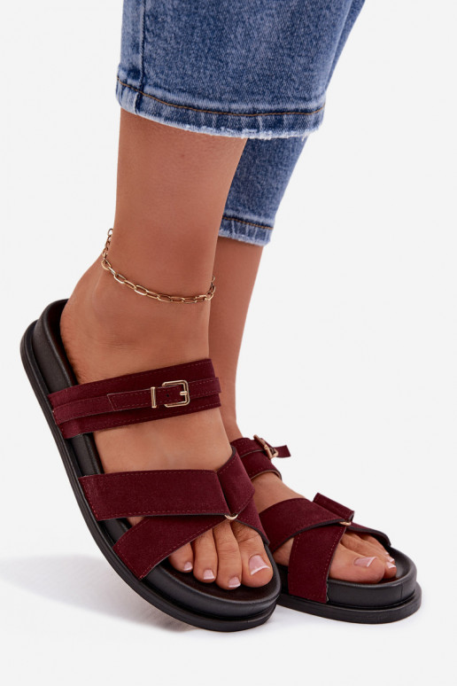 Damenhausschuhe mit Streifen I Złotą mit Schnallen Burgund Selorina