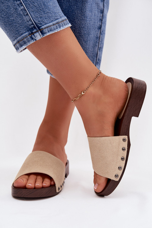 Damenhausschuhe mit Nieten mit breiten Absätzen Beige Amelvessa