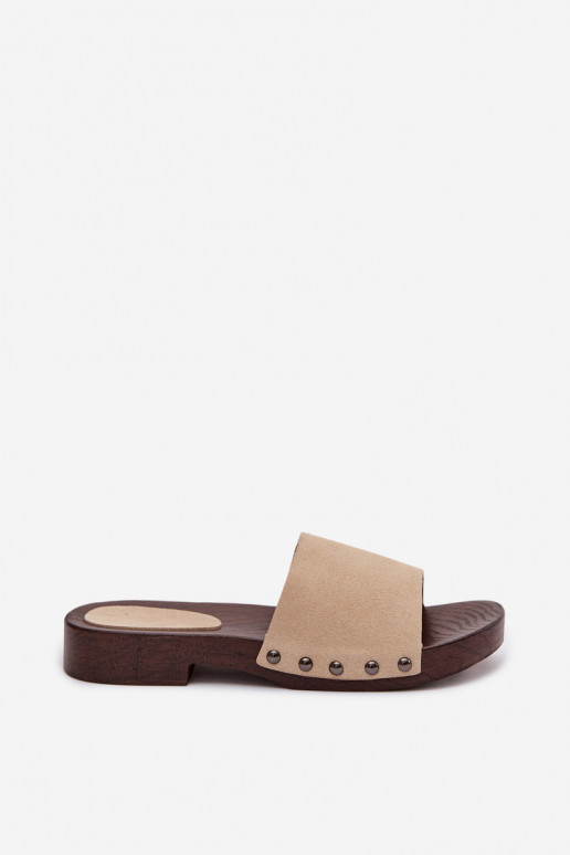 Damenhausschuhe mit Nieten mit breiten Absätzen Beige Amelvessa