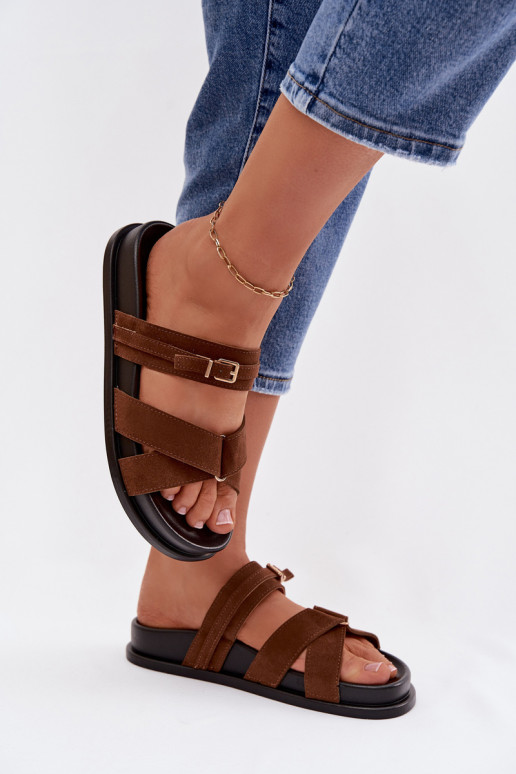 Damenhausschuhe mit Streifen I Złotą mit Schnallen braune Farbe Selorina