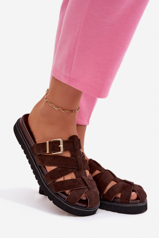 Pantoufles pour femmes avec des bandes I Złotą avec boucles CzekoladoÀe Roselisse