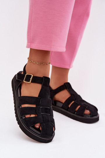 Sandales romaines pour femmes avec des boucles dorées et une plateforme couleur noire Terelina