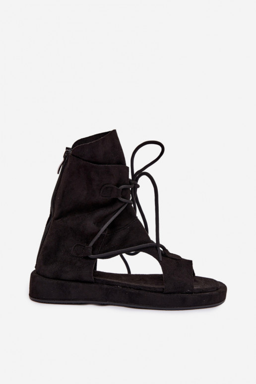 Damensandalen aus Öko-INildlederoZue mit einem Stiefel I INiązaniem schZuarze Farbe Ferlisse