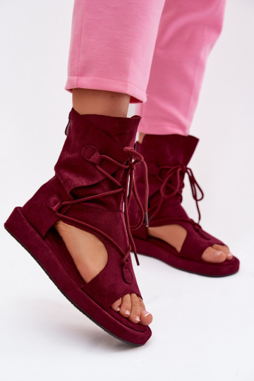 Sandales en daim artificiel pour femmes avec une tige et des lacets couleur bordeaux Ferlisse 2
