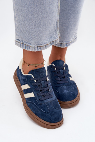 Sportieve schoenen voor dames van suede met platform in donkerblauw