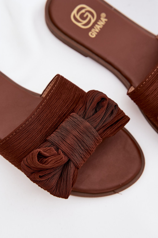 Damespantoffels met brede hakken en strikken, bruine kleur Amivelle