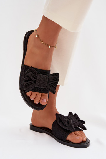 Dames zwarte pantoffels met brede hakken en strikken Amivelle