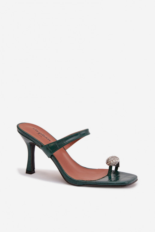 Damen flaschengrüne Pantoletten mit dünnen Absätzen und eleganten Details Lorissa