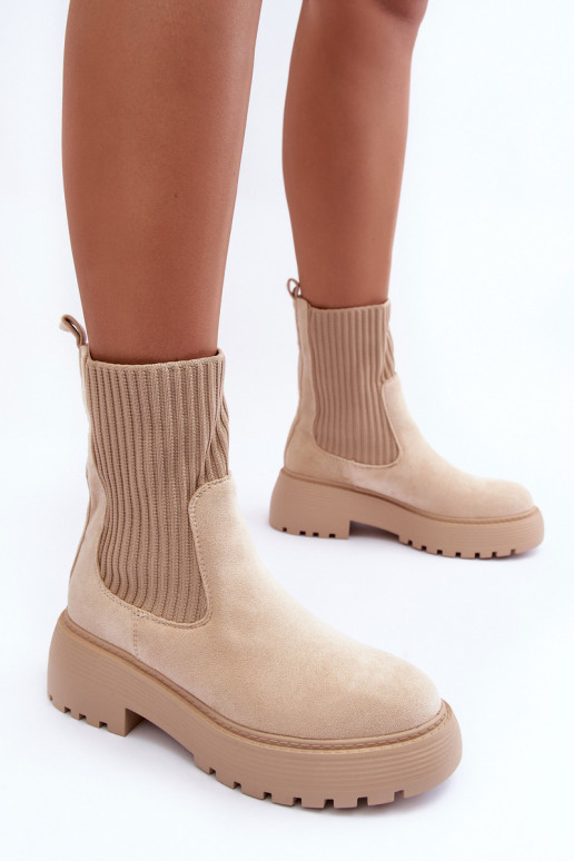 Suede schoenen met soktype laars met platform En platte hakken beige ReInam