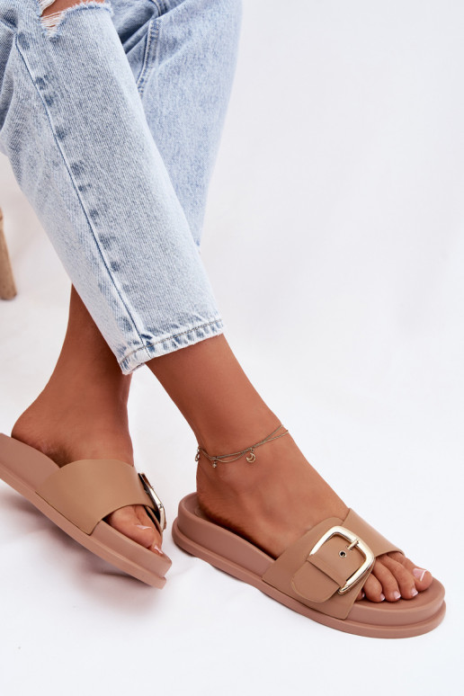 Damespantoffels met gouden gespen beige Rosivana