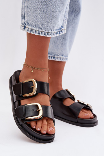 Pantoufles pour femmes Eko Peau Ze couleur doréemi avec bouclesmi couleur noire Tervessa 2