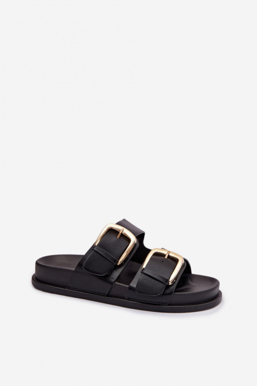 Damenhausschuhe Eko Haut Ze goldene Farbemi mit Schnallenmi schZuarze Farbe Tervessa