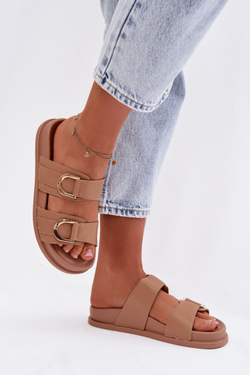 Chaussons femme en simili cuir avec lanières couleur sable « Rosinessa »