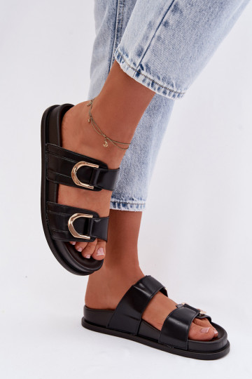 Kunstlederen slippers voor dames met bandjes in zwarte kleur Rosinessa