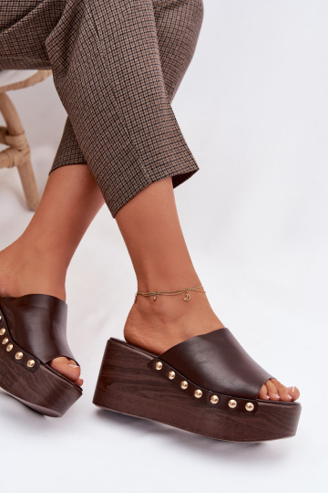 Damespantoffels Op de INig en platform Ze gouden kleurmi Studs CzekoladoIne Farinelle