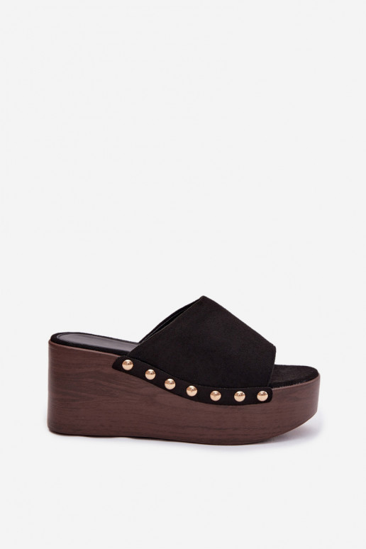 Pantoufles pour femmes Sur un coin Ze couleur doréemi Goujons en daim écologiqueoÀe couleur noire Helivina