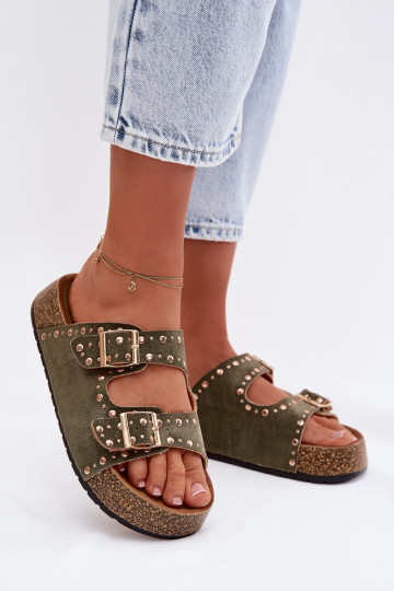 Pantoufles dorées avec boucles et clous de couleur kaki Tervina 2