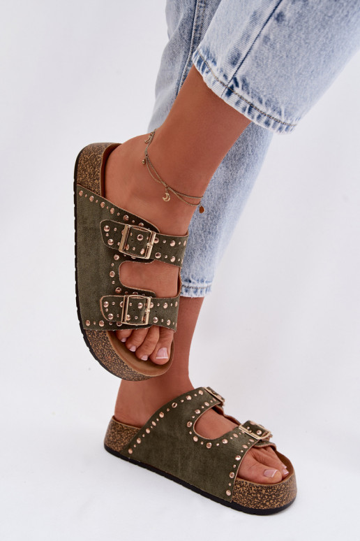 Damenhausschuhe Ze goldene Farbemi mit Schnallenmi Und Stollen Khaki-Farbe-Farbe Tervina