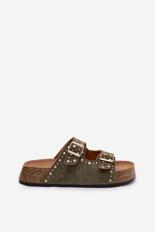 Damespantoffels Ze gouden kleurmi met gespenmi En studs kaki kleuren Tervina