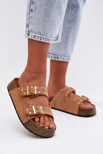 Dames slippers in gouden kleur met gespen en spijkers in bruine kleur Tervina