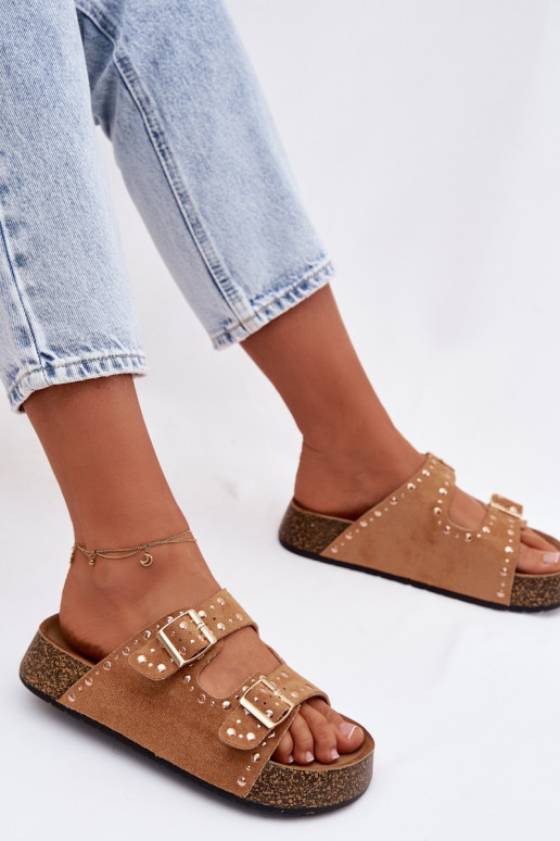 Pantoufles pour femmes Ze couleur doréemi avec bouclesmi Et des clous marron Tervina