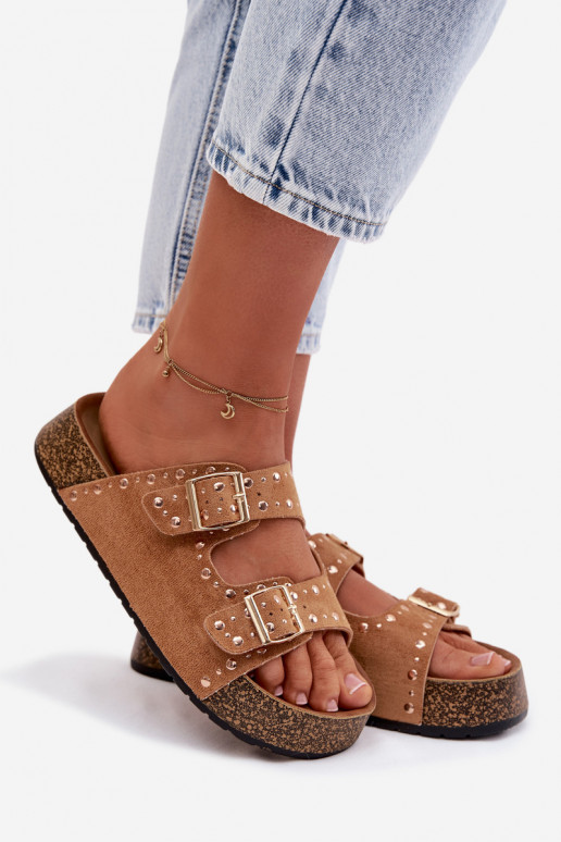 Damespantoffels Ze gouden kleurmi met gespenmi En studs bruine kleur Tervina