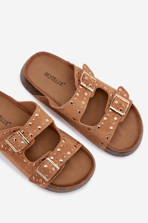 Pantoufles pour femmes Ze couleur doréemi avec bouclesmi Et des clous marron Tervina